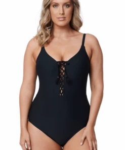 Baku Rococco Lace Up Plunge One Piece Nero