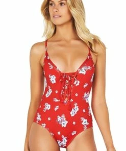 Baku Copacabana Plunge Lace Up One Piece Red