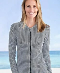 Babes In the Shade Mamiko Long Sleeve Zip Rashie Black/White -Cheap Swimweargalore Store bshsslmk.905 mamiko longsleeve rashie1 1