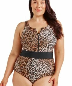 Capriosca Leopard Mastectomy Zip High Neck One Piece Leopard