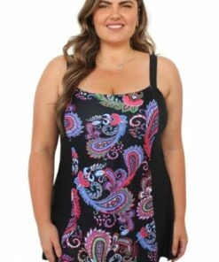 Cheap Swimweargalore Store 11 Capriosca Paisley Pop Swim Dress Black/Multi