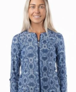 Babes In the Shade Ladies Snakeskin Long Sleeve Suntop Navy/White