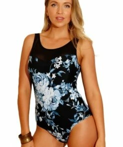 Femme De La Mer Wedding Day Mastectomy Mesh Scoop Neck One Piece Black/Blue