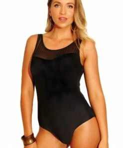 Femme De La Mer Black Story Mastectomy Mesh High Scoop Neck One Piece Black