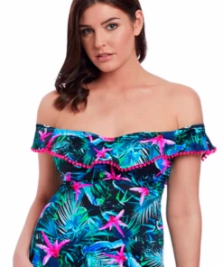 Freya Jungle Flower F Cup Frill Bandeau Tankini Separate Black