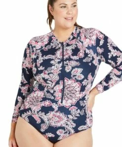 Genevieve Bramble Rose Zip Sunsuit Navy/Pink