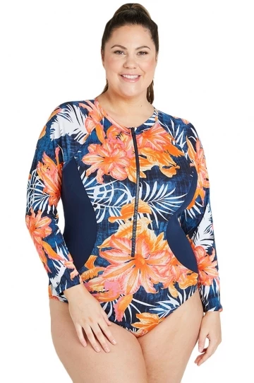 Genevieve Coral Palm Zip Sunsuit Black/Coral 1 Genevieve Coral Palm Zip Sunsuit Black/Coral