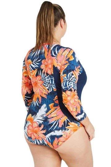 Genevieve Coral Palm Zip Sunsuit Black/Coral 2 Genevieve Coral Palm Zip Sunsuit Black/Coral - Image 2