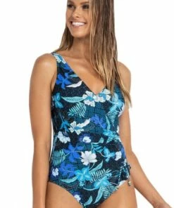 Jantzen Batik Gathered Cross Over One Piece Black