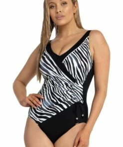 Jantzen Tiger Gathered Cross Over One Piece Black
