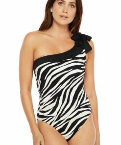 La Blanca Abstract Zebra One Shoulder One Piece Black/Cream
