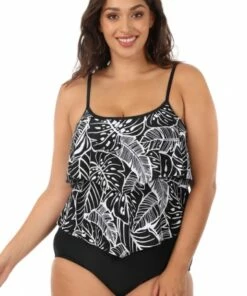 Maxine Leaf A Peel Double Tier One Piece Black/White