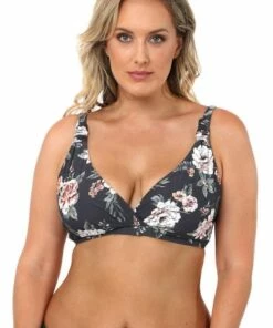 Monte & Lou Vintage Floral E/F Cup Cross Front Bra Graphite