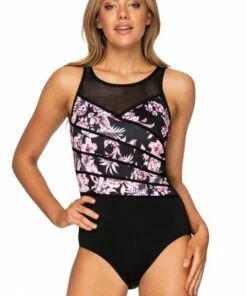 Poolproof Hibiscus Taped High Neck One Piece Black