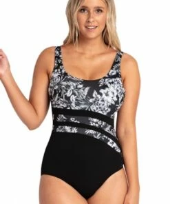 Poolproof Hibiscus DD/E Cup Wave Spliced One Piece Black/White