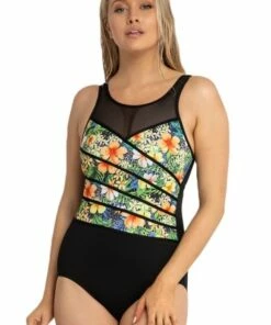 Poolproof Tropical Animal Mastectomy High Neck One Piece Black