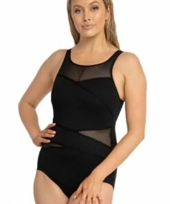 Poolproof Texture Mastectomy Mesh High Neck One Piece Black
