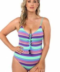 Seafolly Baja Stripe V Neck One Piece Purple Haze