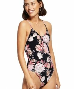 Seafolly Vida Blooms Tie Back Maillot Black -Cheap Swimweargalore Store sea10939692 seafolly vida blooms tie back one piece2
