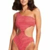 Seafolly Seaside Stripe One Shoulder One Piece Chilli Red
