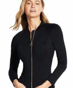 Seafolly Long Sleeve Gold Zip Suntop Black
