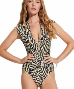 Seafolly Mandalay Zip Front One Piece Olive