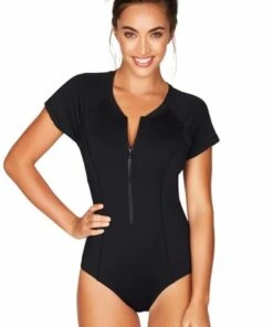Sea Level Short Sleeve Zip Front Sunsuit Black