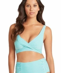 Sea Level Positano Stripe Cross Front Bra Aqua
