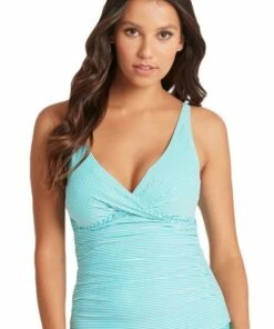 Sea Level Positano Stripe Cross Front Tankini Separate Aqua