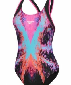 Speedo Sparkler Powerstrike Muscleback One Piece Black/Pink -Cheap Swimweargalore Store sp2212h8075.926 speedo sparkler powerstrike muscleback one piece front
