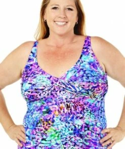 T.H.E. Swimwear Caribbean Cruise D/DD Twist Tankini Separate Blue/Pink