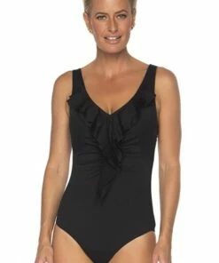 Togs Swimwear Frill V Neck One Piece Black