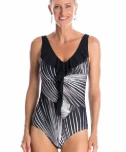 Togs Swimwear Silver Fern Frill One Piece Black/Silver