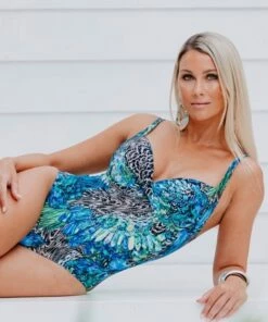 Togs Swimwear Santorini Underwire Cross Front One Piece Green/Blue -Cheap Swimweargalore Store tog21p1939.907 togs swimwear santorini underwire cross front one piece